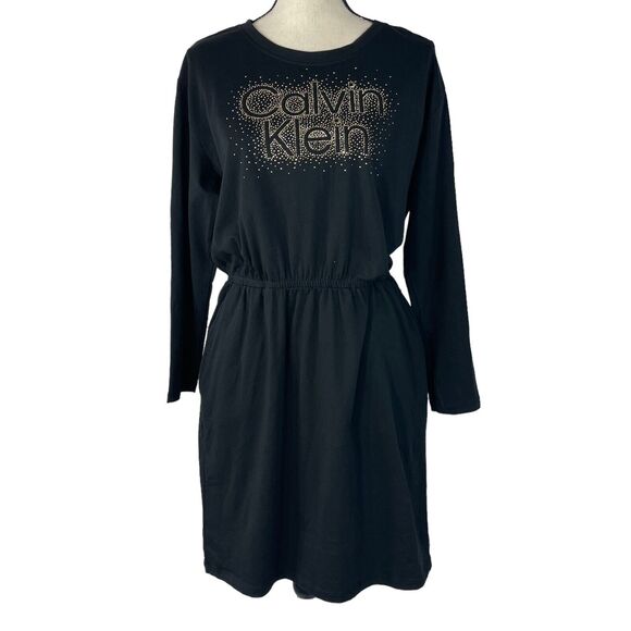 Calvin Klein Large Dress Long Sleeve Studded Logo Stretch Pocket Crew Neck Black - Picture 1 of 8